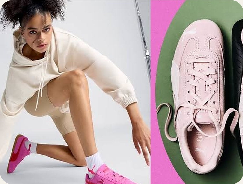A woman in pink PUMA sneakers and a pink PUMA sneaker on green