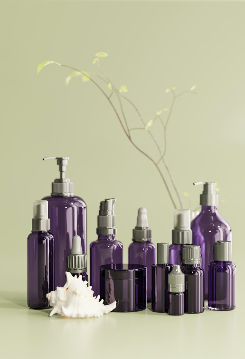 Purple skincare bottles on a table