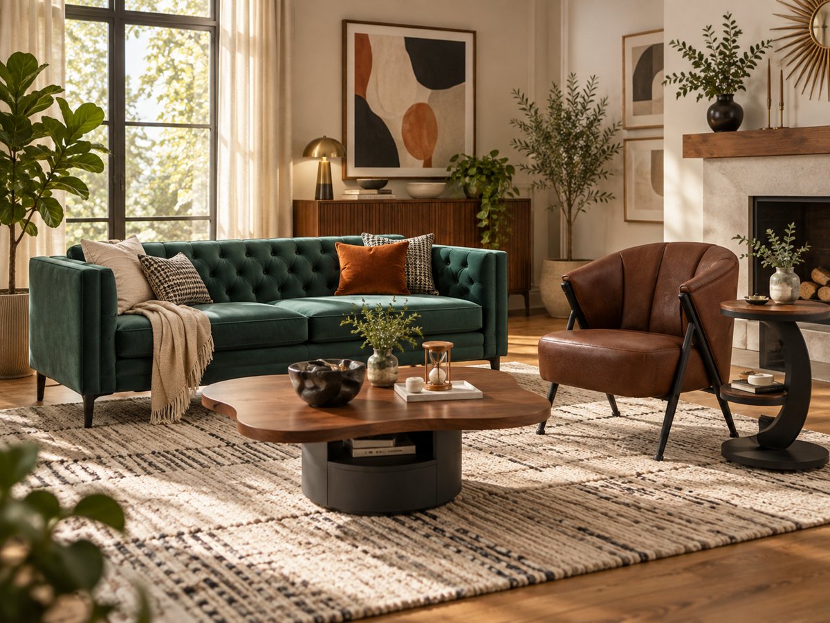 A styled living room with a brown leather sofa