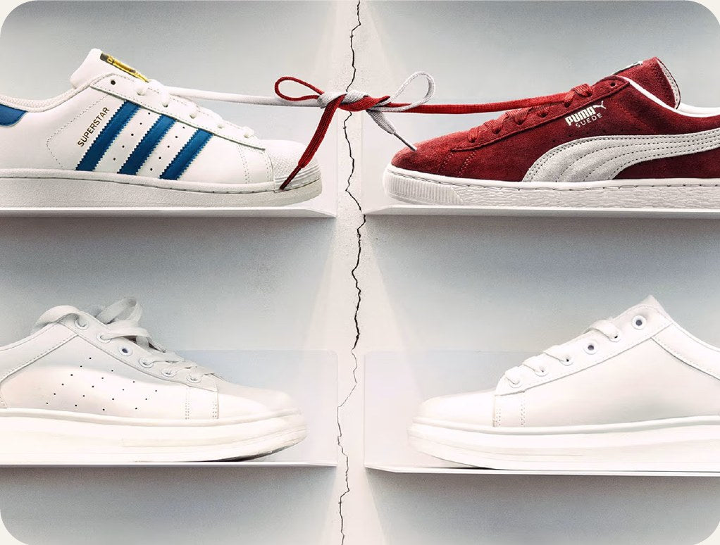 A PUMA suede beside rival sneakers on a shelf