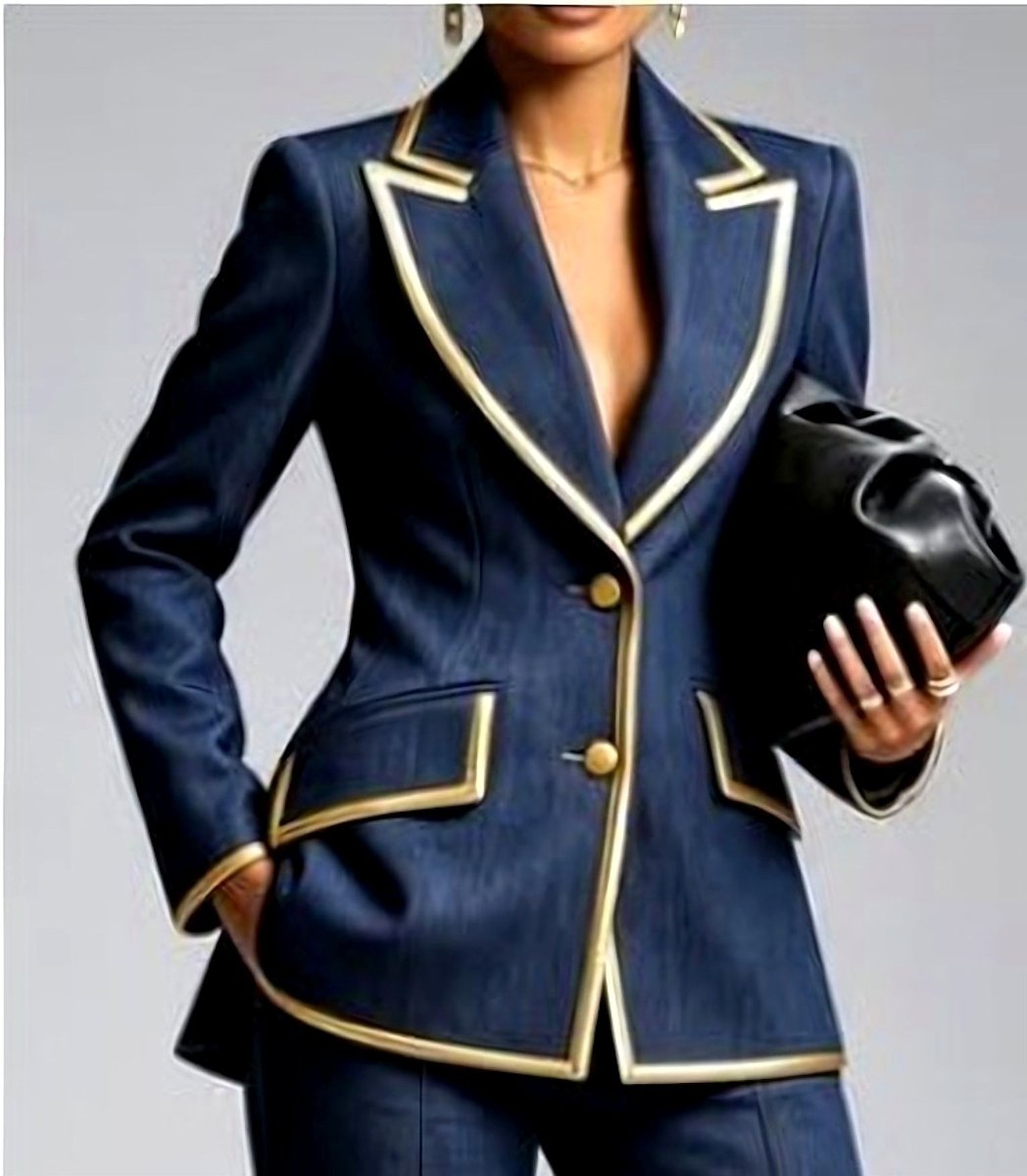 A navy blazer with gold trim