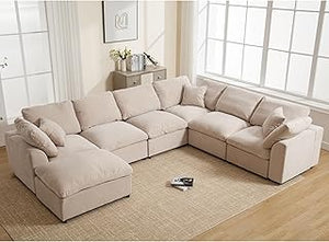 Tmsan 129.3" Oversized Modular Sectional Sofa, U Shaped Couch with Movable Ottoman, Large 7 Seat Corner Couches for Living Room, Spacious Space, Beige
