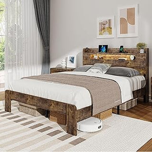 Full Size Wooden Bed Frame with Storage Headboard,