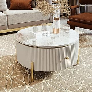 HanStrong Round Coffee Table, 31.5" Modern Coffee Table with 2 Large Drawers Storage, Marble Pattern Table Top, Accent Center Table for Living Room, White