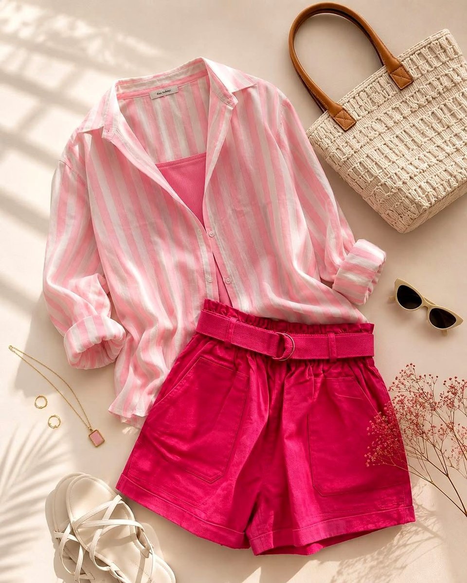 A pink shirt and red shorts flat lay