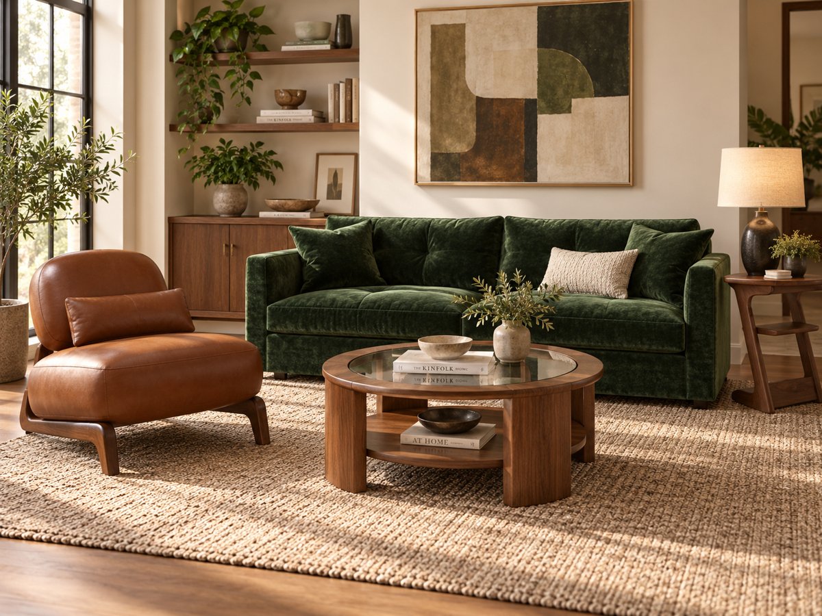 A green velvet sofa in a styled living room