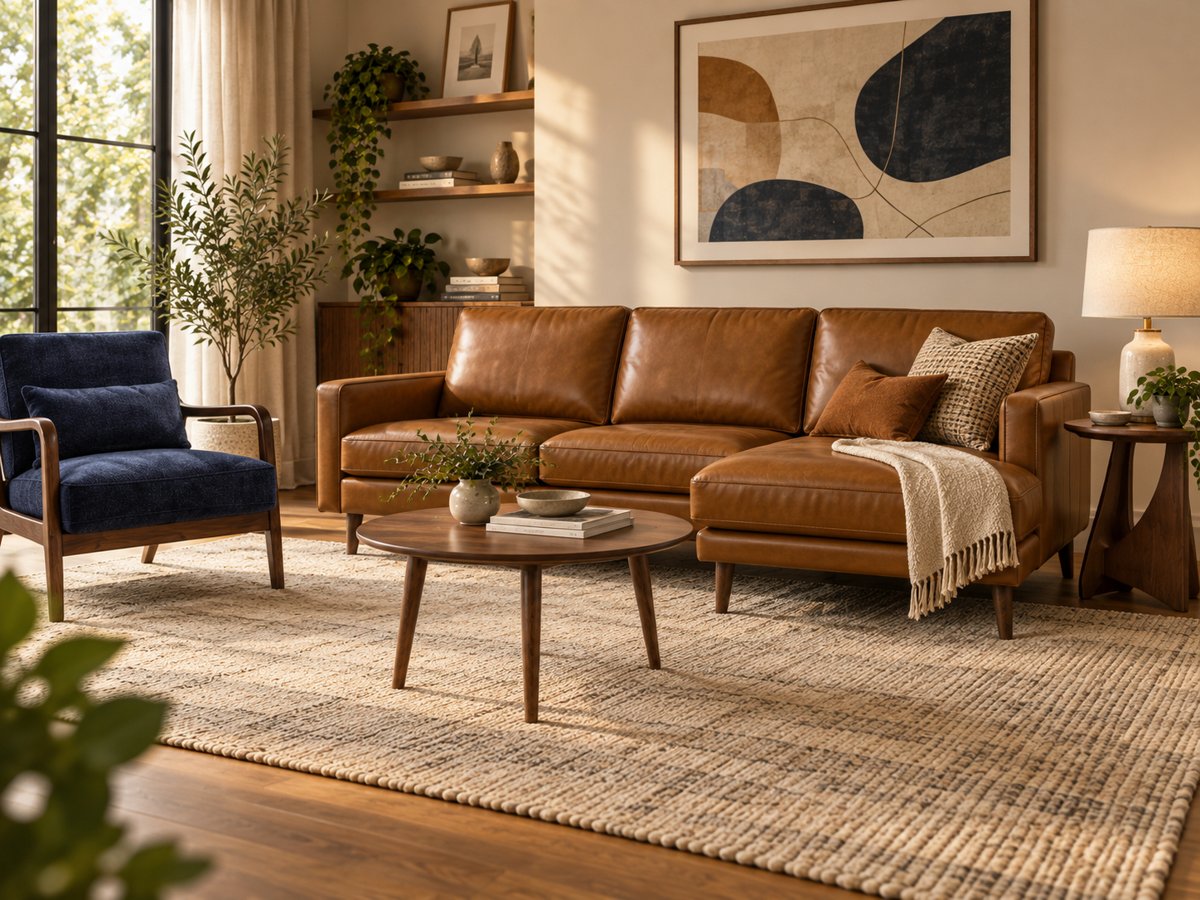 A tan leather sofa in a warm living room