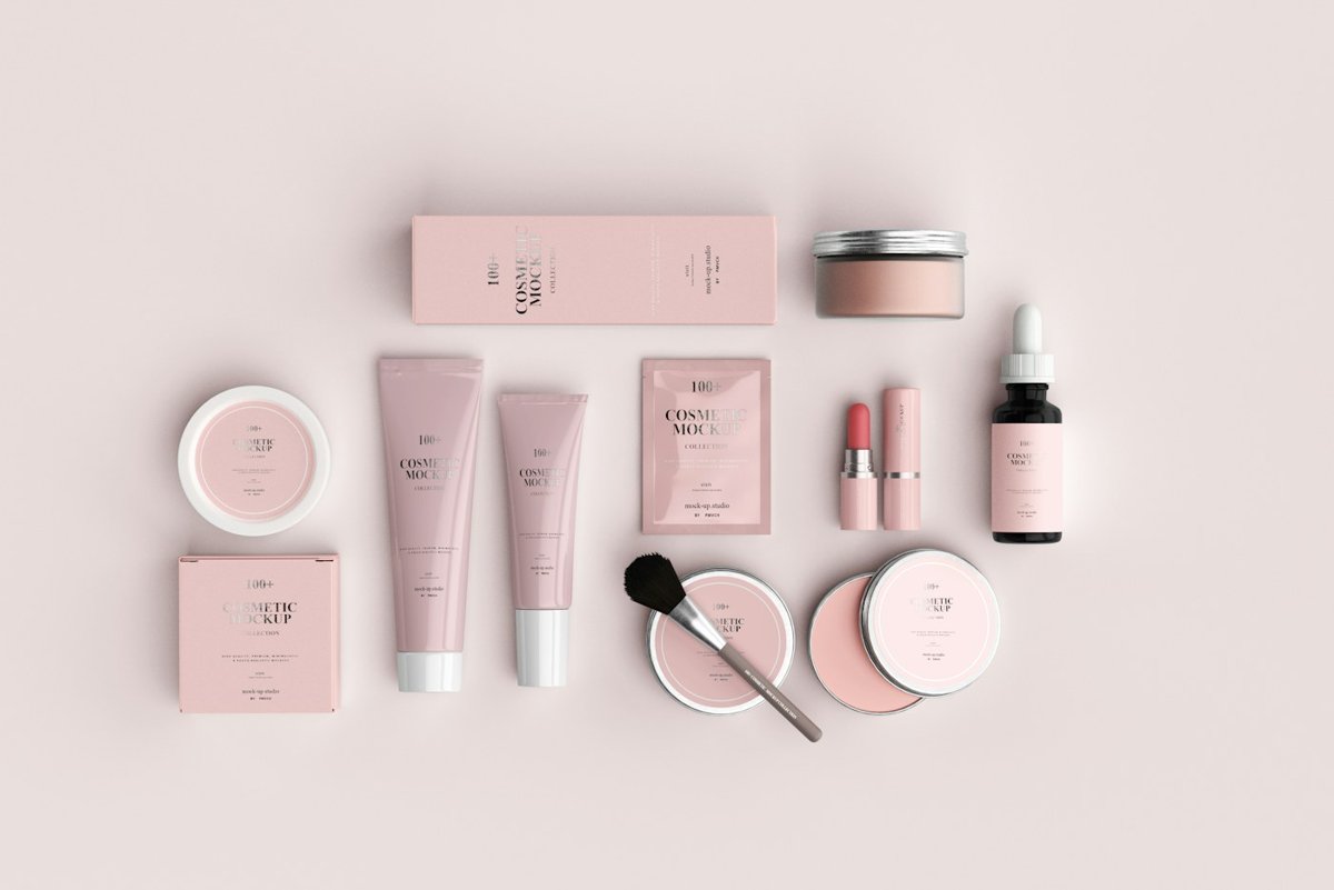 Pink cosmetics on a pale background