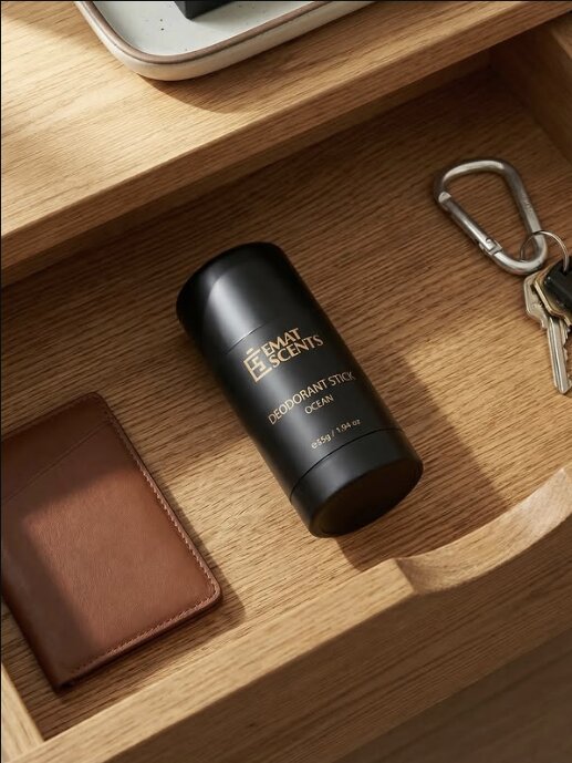 A deodorant stick in a wooden drawer