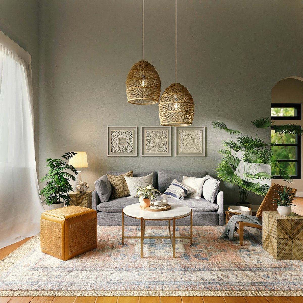 A grey sofa under woven pendant lights