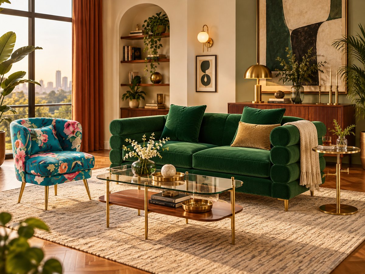 A green sofa and gold coffee table