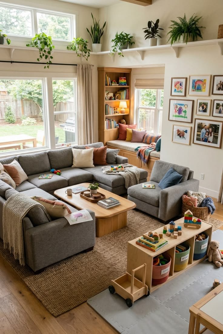 A mid-century living room with a low wood console